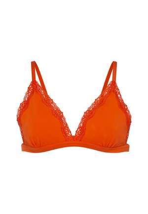 Reggiseno arancione brillante a forma triangolare. Presenta una finitura in pizzo lungo il collo e spalline regolabili. Tessuto morbido con una superficie liscia.