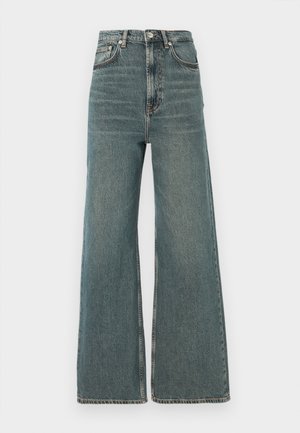 Augstā jostasvietā platās bikses no izbalējuša zila denima, ar klasisku piecu kabatu dizainu un rāvējslēdzēja aizdari ar pogu.