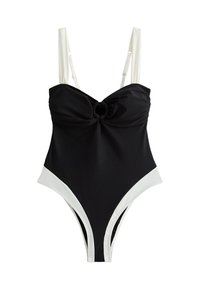 Maillot de bain une pièce noir avec un détail noué au niveau de la poitrine, des accents blancs sur les côtés, des bretelles ajustables et une coupe haute au niveau des jambes.