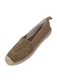 Hnědá espadrilka s vrchní částí z vzorované tkaniny, zdobena vyšíváním a pletenou juteovou podrážkou. Na z slipping design s poutkem na zadní straně.