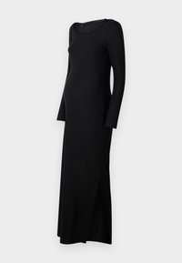 Schwarzes Umstandskleid mit langen Ärmeln, gerippter Textur, rundem Ausschnitt und seitlichem Schlitz. Für Komfort und Leichtigkeit während der Schwangerschaft entworfen.