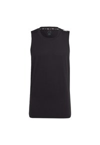 Débardeur sportif noir sans manches avec col rond, logo Adidas près du col et texte « Training » à l'intérieur de la bande du col.