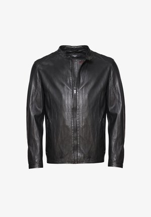 Schwarze Lederjacke mit Stehkragen, Front-Reißverschluss, schmaler Schnitt, zwei Seitentaschen und gestickten Details. Glatte Textur, ohne Muster.