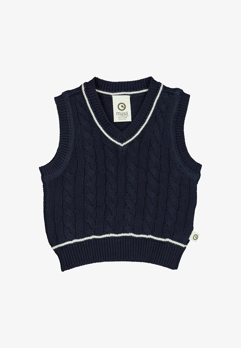 Marineblaue Strickweste mit V-Ausschnitt, Kabelstrickmuster und weißem Saum entlang des Ausschnitts und des Hemdes. Etikett innen sichtbar.