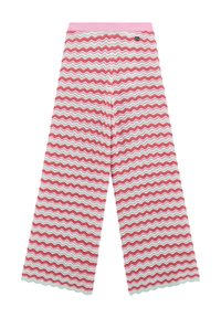 Mönstrade vida byxor i texturerat tyg, med en zigzagdesign i nyanser av rosa, vitt och grönt samt ett rosa midjeband.