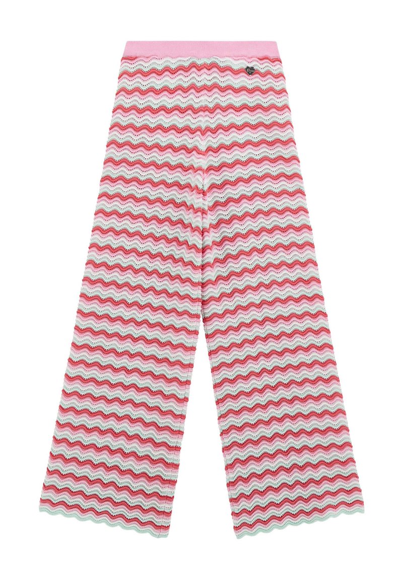 Mönstrade vida byxor i texturerat tyg, med en zigzagdesign i nyanser av rosa, vitt och grönt samt ett rosa midjeband.