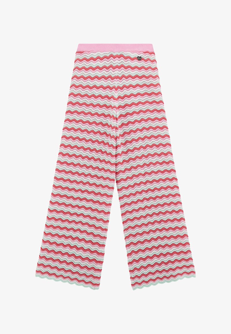 Patterned wide-leg pants made of textured fabric, featuring a zigzag design in shades of pink, white, and green with a pink waistband.