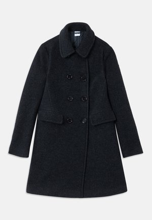 Manteau en mélange de laine gris foncé avec un devant croisé, un col cranté et deux poches avant. Présente de grands boutons noirs et une texture lisse.