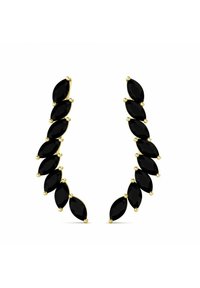 Orecchini in pietra nera a forma di marquise, montati su metallo dorato, con una disposizione lineare. Texture liscia, design minimalista.