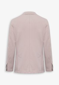 Lyserød blazer med en enkelt ventil, lange ærmer og to sidelommer. Glat stof med krave i klassisk stil og subtile syninger.