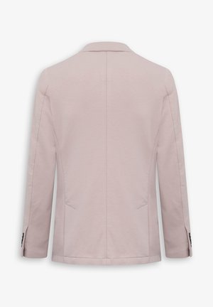 Helles rosa Blazer mit einem einzelnen Schlitz, langen Ärmeln und zwei seitlichen Taschen. Glattes Material mit klassischem Kragen und dezenten Nähdetails.