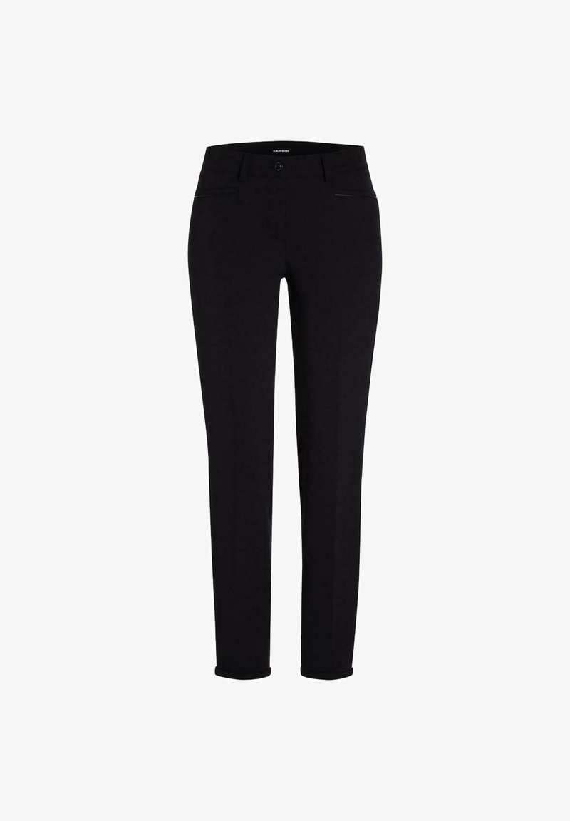 Pantalon noir slim avec passants de ceinture, fermeture par bouton et poches avant, présenté sur fond blanc.