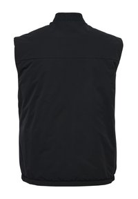 Czarna, bezrękawnikowa pikowana kamizelka z prążkowanym kołnierzem i elastycznym dołem, widoczna od tyłu na białym tle.