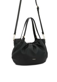 Borsa a mano in pelle nera con design arruffato, caratterizzata da dettagli in metallo dorato e doppi manici per versatilità. Nome del brand mostrato in modo discreto.