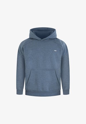 Mikina s kapucí v modrošedém fleece materiálu; má klokaní kapsu a žebrované manžety. Jednoduchý design s malým logem na hrudi.
