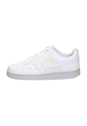 White leather sneakers with a smooth finish, featuring a grey rubber sole, perforated toe, and subtle branding on the side and heel.
