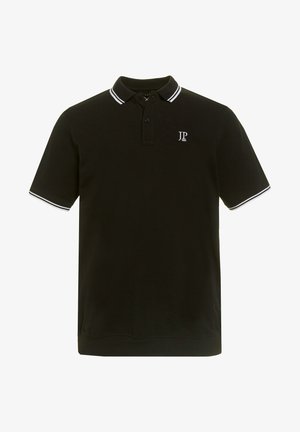 Polo noir en coton texturé. Équipé d'une patte de boutonnage à deux boutons, d'un col avec des rayures blanches et d'un petit logo sur la poitrine.
