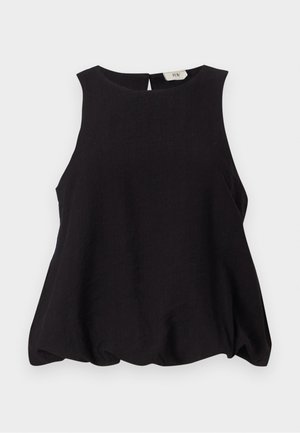 Black sleeveless top with a round neckline, loose fit, and textured fabric. Features a small back opening and no visible hardware.