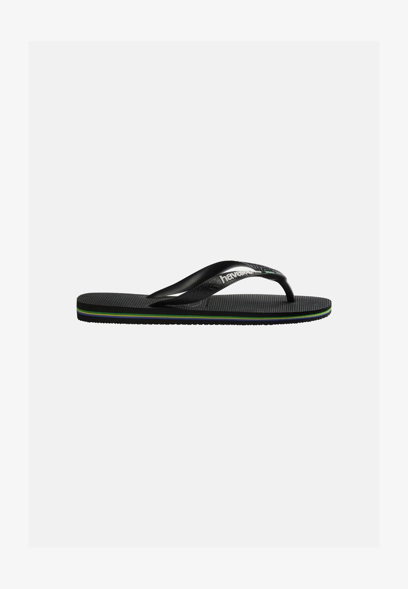 Must rohelise ja kollase triibuga musta tallaga flip-flop, musta varbarihmaga, millel on valge "havaianas" logo.