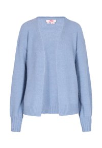 Cardigan azzurro chiaro realizzato in materiale morbido con vestibilità ampia. Presenta un collo a V, apertura frontale e polsini e orlo a costine.