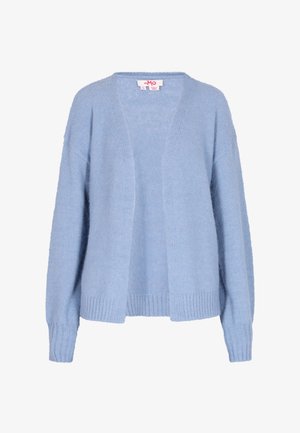 Light blue cardigan made of soft material with a loose fit. Features a v-neck, open front, and ribbed cuffs and hem.