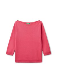 Maglia a maniche lunghe rosa con scollatura a barchetta. Realizzata in tessuto morbido, con polsini e orlo a coste per maggiore struttura. Nessun motivo visibile.