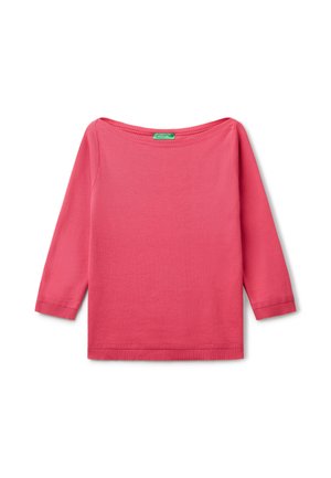 Maglia a maniche lunghe rosa con scollatura a barchetta. Realizzata in tessuto morbido, con polsini e orlo a coste per maggiore struttura. Nessun motivo visibile.