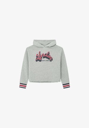 Haut de hoodie gris court avec un graphique sur le devant "London" en rouge et noir, doté une capuche avec cordon et d'accents rayés bleu marine et rouge sur les manches.