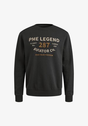 Black sweatshirt made of cotton with long sleeves. Features front graphic text in brown and beige. Ribbed cuffs and hem. Casual design.