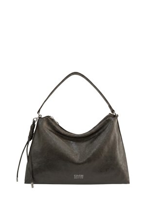 Borsa a tracolla in pelle nera con una singola tracolla, chiusura con cerniera e nappina decorativa sul lato, etichettata "Coveri active" sul davanti.
