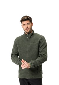 Grüne Fleecejacke mit hohem Kragen, durchgehendem Reißverschluss und langen Ärmeln. Strukturierter Stoff mit glatter Oberfläche. Zwei Seitentaschen.
