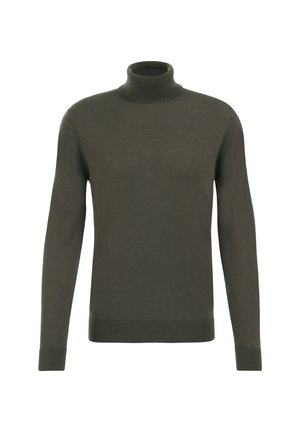 Tamsiai alyvuogių spalvos megztinis su ilgomis rankovėmis, pagamintas iš sklandžiai megztos medžiagos. Turi prigludusias rankovių ir apnuogintą dalį, minimalistinio dizaino be raštų.