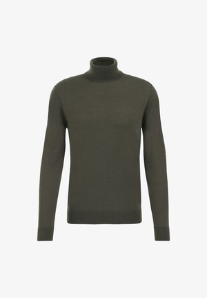 Olivno zelena turtleneck pulover s dolgimi rokavi, narejen iz gladkega pletenega materiala. Ima prilegajoče manšete in rob, minimalističen dizajn brez vzorcev.