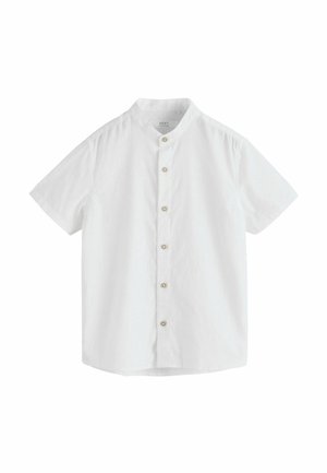 Weißes Kurzarmhemd mit Stehkragen und sechs beigen Knöpfen an der Vorderseite.