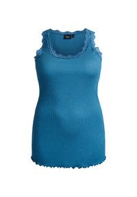 Blaues, geripptes Tanktop mit gewelltem Spitzen-Ausschnitt und Trägern, mit geradem Saum und wellenförmigem Rand. Hergestellt aus weichem Stoff.