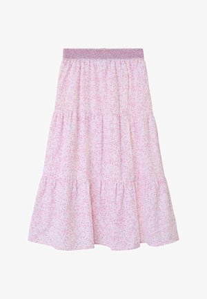 Jupe midi en satin rose à plusieurs niveaux, fabriquée en tissu léger. Présente un design froncé et une ceinture élastique pailletée avec un motif moucheté.