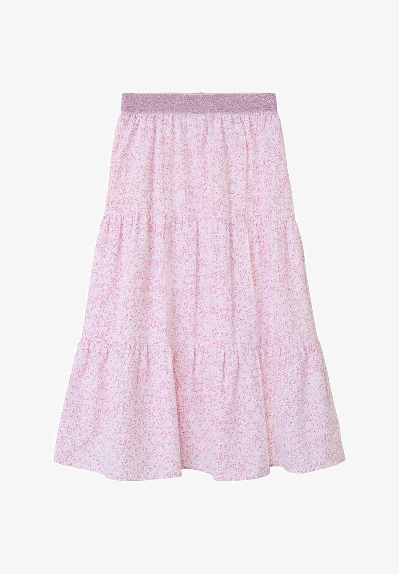 Jupe midi en satin rose à plusieurs niveaux, fabriquée en tissu léger. Présente un design froncé et une ceinture élastique pailletée avec un motif moucheté.