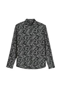 Czarna koszula z długimi rękawami, kołnierzykiem i zapięciem na guziki. Posiada szary, abstrakcyjny wzór przypominający splątane kształty. Miękka struktura materiału.