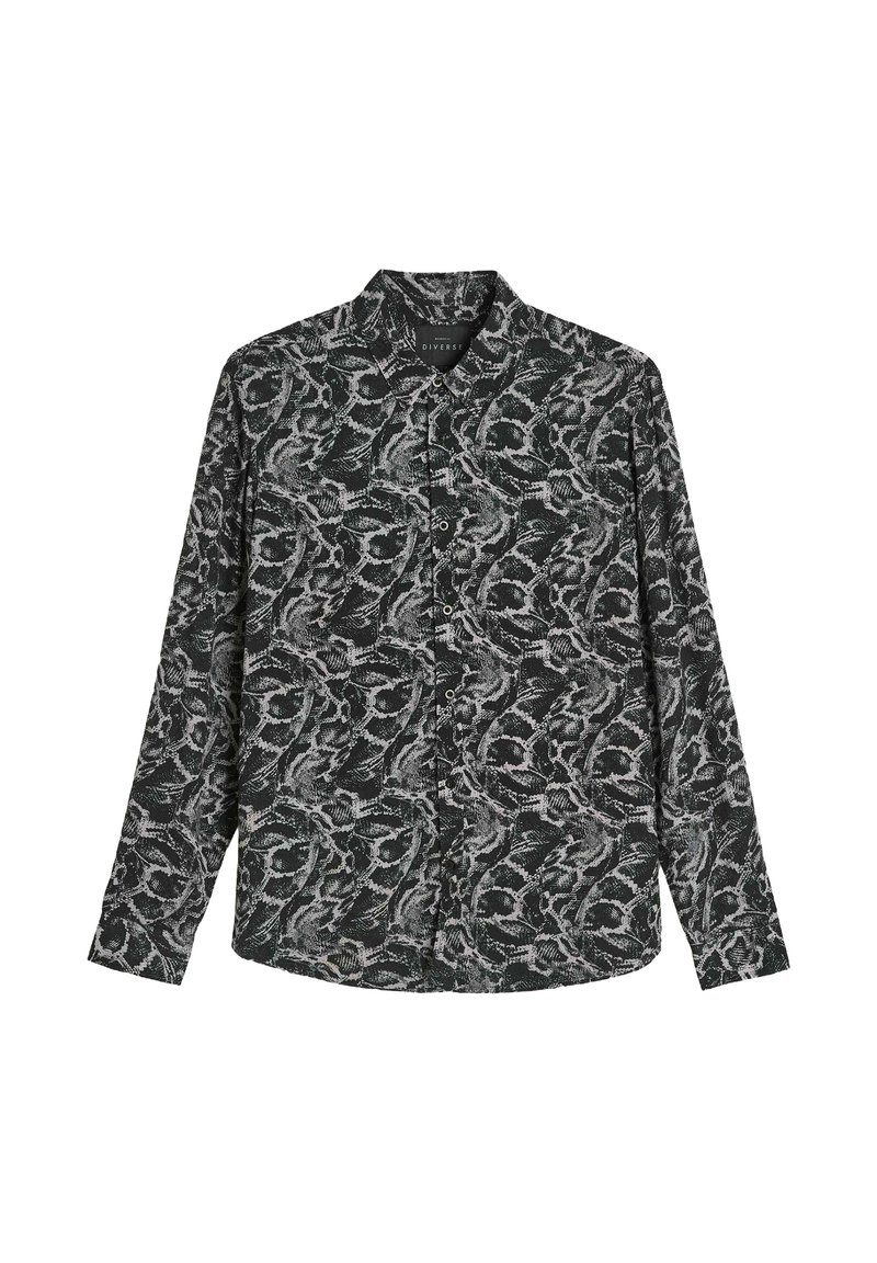 Czarna koszula z długimi rękawami, kołnierzykiem i zapięciem na guziki. Posiada szary, abstrakcyjny wzór przypominający splątane kształty. Miękka struktura materiału.
