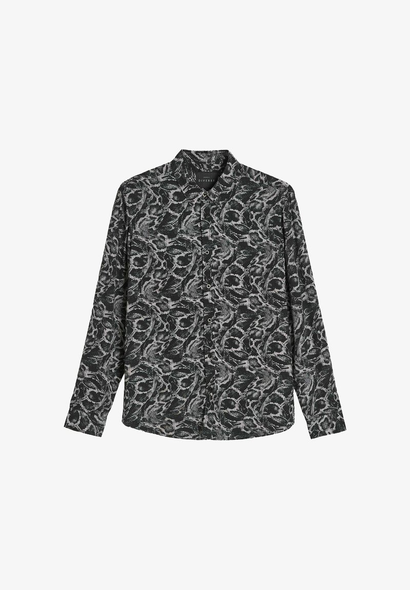 Czarna koszula z długimi rękawami, kołnierzykiem i zapięciem na guziki. Posiada szary, abstrakcyjny wzór przypominający splątane kształty. Miękka struktura materiału.