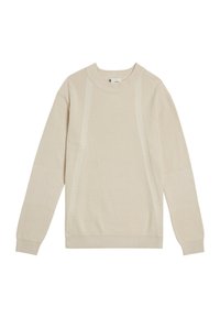 Maglione beige in maglia con maniche lunghe, texture a coste, scollatura rotonda e dettagli di cucitura accentuata lungo i fianchi.