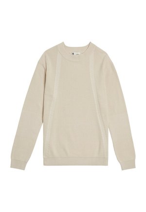 Beige gestrickter Pullover mit langen Ärmeln, gerippter Textur, rundem Ausschnitt und Akzentnähten an den Seiten.