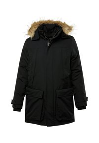 Svart parkajacka med pälsliknande huva, framzipper och två stora sidfickor. Tillverkad av vattentåligt material med strukturerad finish.