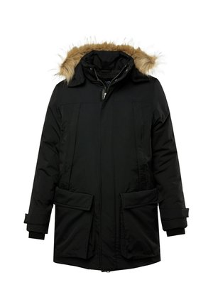 Parka nera con cappuccio in pelliccia sintetica, cerniera frontale e due grandi tasche laterali. Realizzata in materiale resistente all'acqua con una finitura testurizzata.