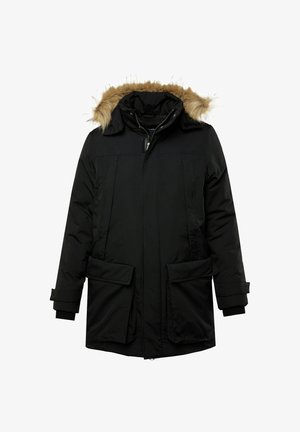 Sort parka jakke med fake pels hætte, frontlynlås og to store sidelommer. Lavet af vandafvisende materiale med tekstureret finish.