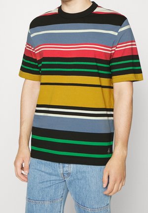 Striped cotton T-shirt featuring colors like black, green, red, blue, yellow, and cream; crew neck; short sleeves; casual fit.