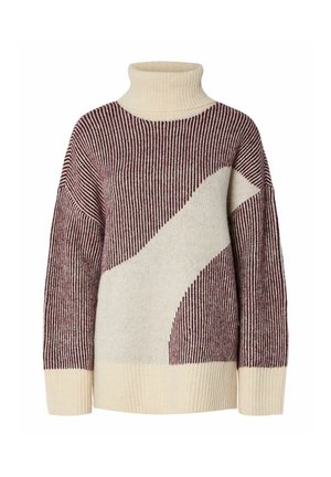Pletena majica s visokim vratom s vertikalnim prugama u burgundac i krem boji, koja ima dijagonalnu kremastu zakrpu. Rebrasti manšeti i donji rub. Mekana tekstura.