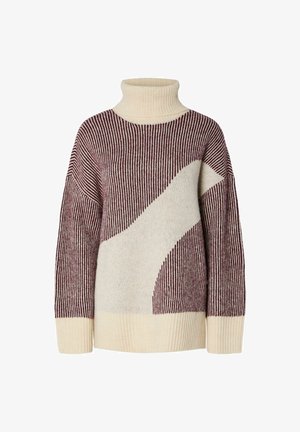 Kootud kõrge kaelusega sviiter, millel on vertikaalsed burgundia ja kreemjad triibud ning diagonaalne kreemjas laik. Ribiga mansetid ja alumine äär. Pehme tekstuur.