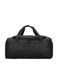 Sac de sport noir en nylon durable avec fermeture éclair, doté de poignées de transport doubles et d'un logo de marque en relief. Texture lisse sur l'ensemble.