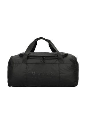 Borse a duffel nera realizzata in nylon resistente con chiusura a zip, dotata di manici doppi e logo del marchio impresso. Texture liscia in tutto il prodotto.